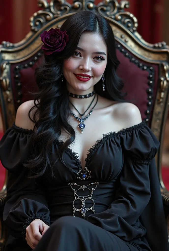 Female vampire in her early 20's with white skin tone, voluminous black hair, crimson eyes, wearing a royal black outfit fit for a queen, great physique, great beauty, sitting on a throne smiling brightly as if her man nearby thus having a dark purple rose...