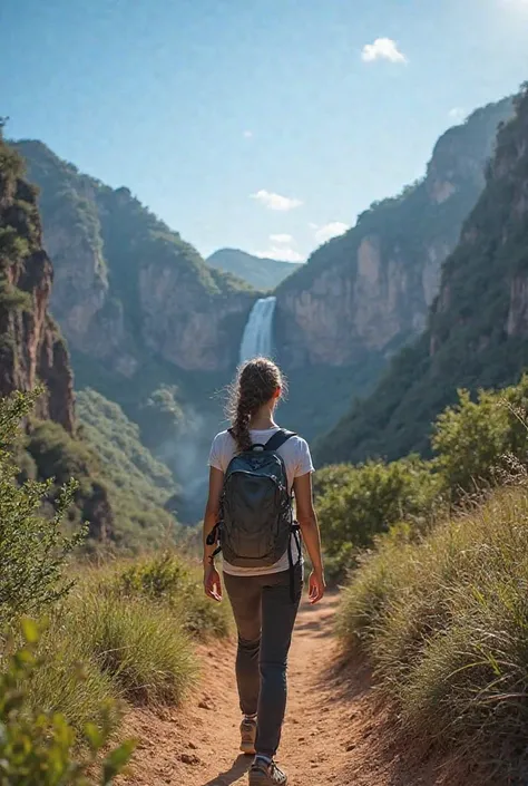 An adventurous woman hiking on a trail in Chapada Diamantina, Bahia, Brazil. She wears appropriate clothing for trekking, like sports pants, lightweight t-shirt , backpack and hiking boots. The surrounding scenery is of imposing mountains, waterfalls and t...