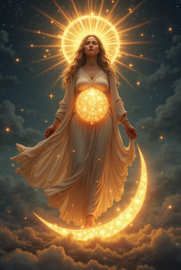 a pregnant woman dressed as a sun with the moon under her feet and a crown of 12 stars