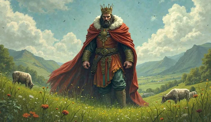 create a realistic image of a king on a pasture, All green with other animals, focusing on the king's face he must be with an angry expression and eating grass.