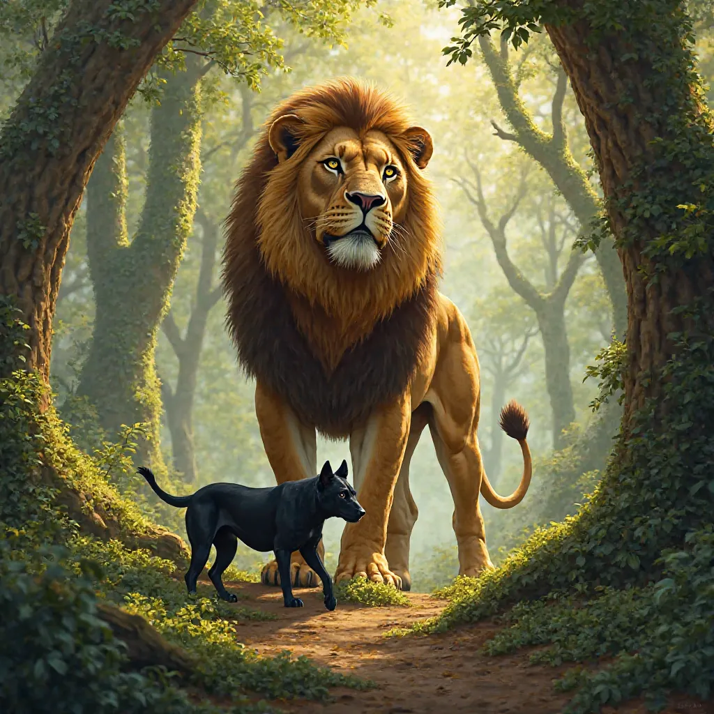 Create realistic image of lion standing victorious over a black dog in the forests 