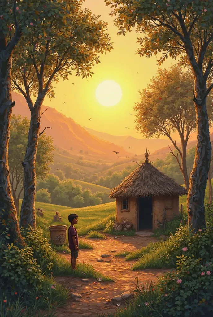 The Village Setting**
1. **Prompt:** A serene, rustic village surrounded by lush green fields and tall trees. A small mud house with a thatched roof stands in the foreground, with a young boy (Ali) sitting outside, looking restless. The sun is setting, cas...