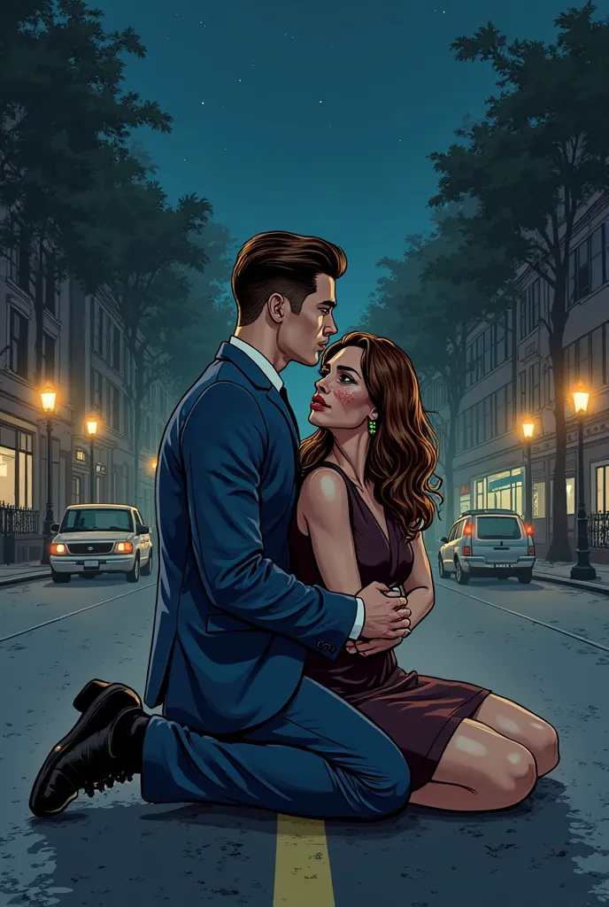 "Digital illustration, semi-realistic line art, modern comic style. A dramatic night scene in the middle of the street. Liam, a young man (26 years old) with an athletic build, kneels on the ground while Emily sits in front of him, her back pressed against...