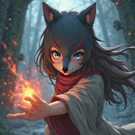 Girl with brown hair and blue-gray eyes, wolf mask on her face, in the hand of raikiri.  style: Anime Naruto 