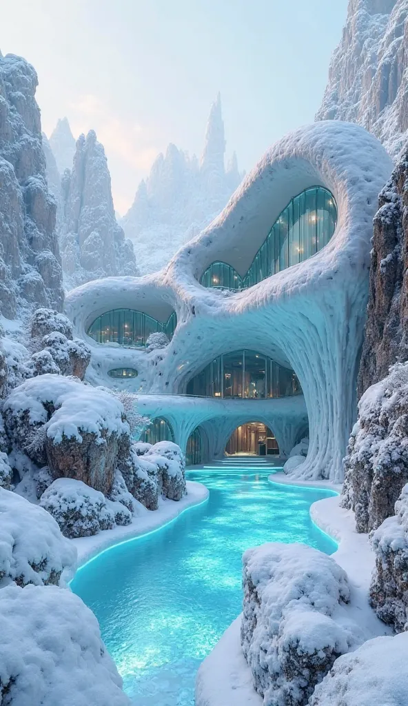 An ultra-realistic, extraordinary winter-themed mansion with an impossible architectural structure. The mansion features a futuristic design with ice cave-inspired walls, translucent crystals, and snow-covered rock formations integrated into the architectu...