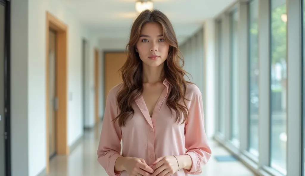 A young woman in her early 20s, with long, wavy brown hair, wearing a light pink blouse, standing in a bright, modern hallway. She has a calm and thoughtful expression, her hands slightly clasped in front of her. The hallway is spacious, with soft, warm li...