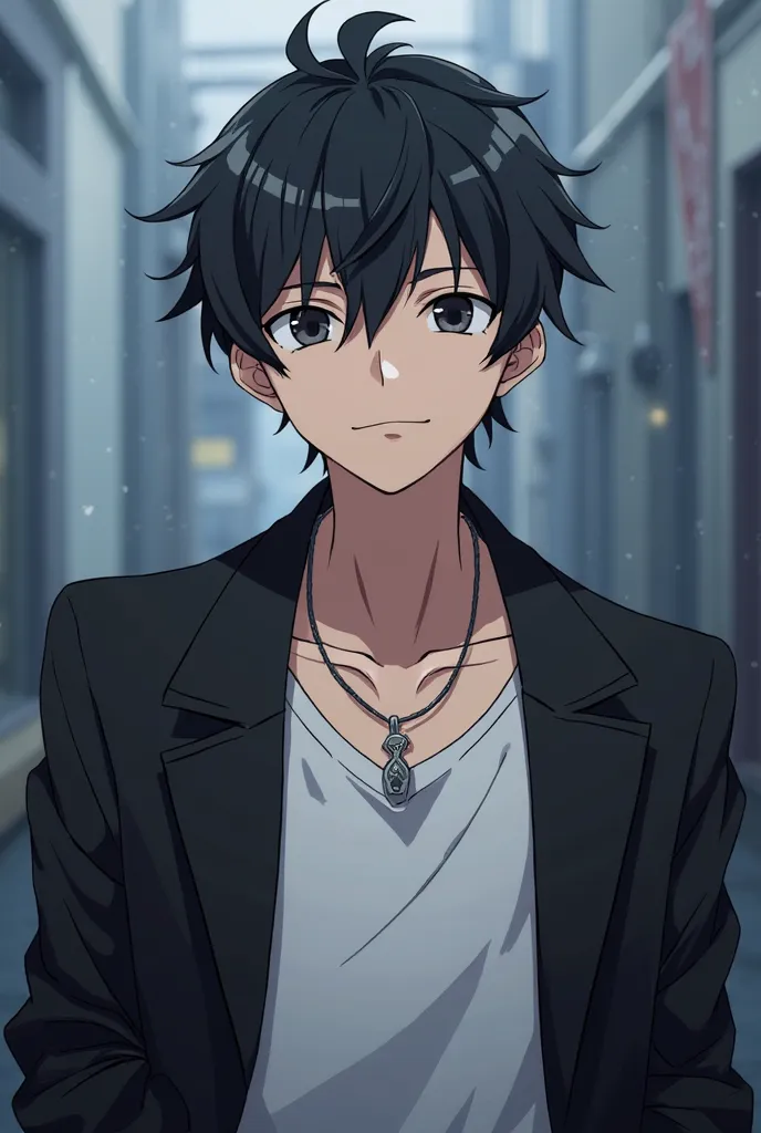 A strikingly handsome anime boy with a confident yet kind expression. He has sharp, well-defined facial features, slightly messy but stylish dark hair, and piercing eyes that radiate intelligence and mystery. He wears a modern, fashionable outfit—perhaps a...