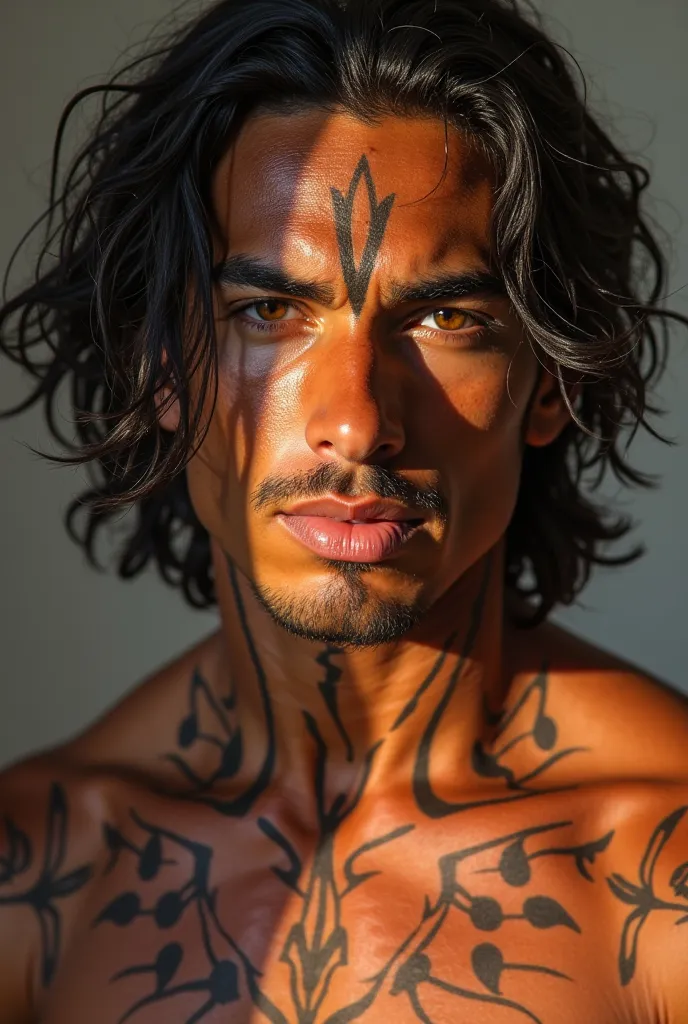 An image of a man with French and indigenous traits, with white skin tone and with body paint, Black hair looking forward being illuminated by natural light