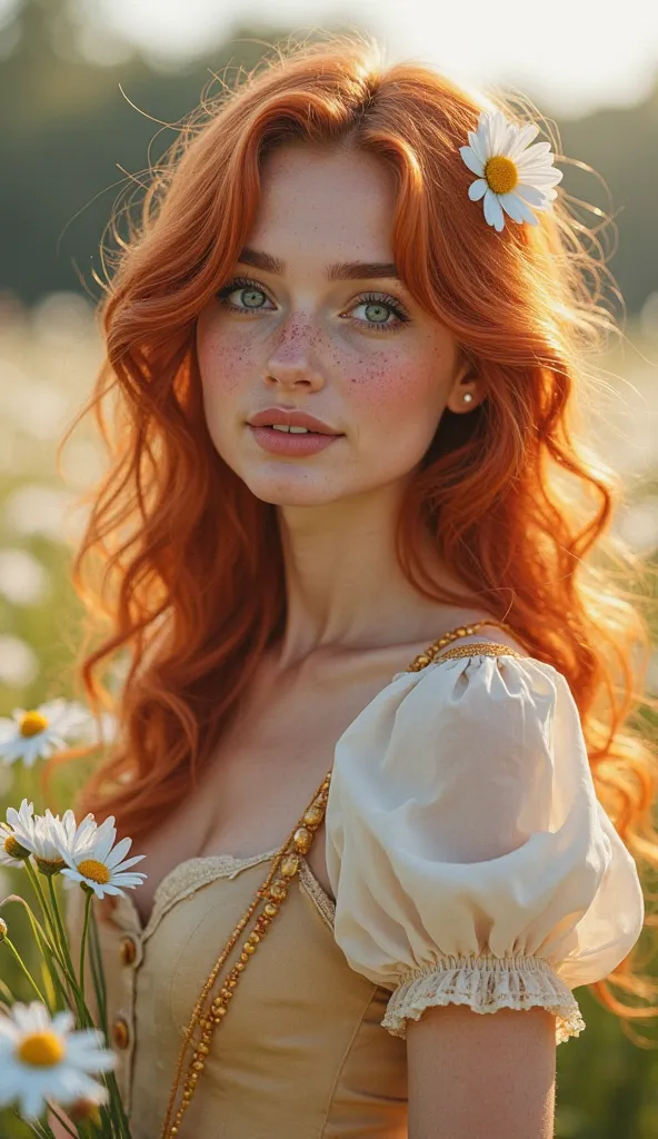 A realistic portrait of a 25-year-old woman with red loose hair in soft waves and a  single daisy in her hair, with big blue eyes and freckles on the cheeks and nose, gentle look at the viewer, open lips ,  small nose , she wears a cream colored shirt and ...