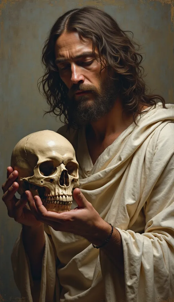 Jesus Christ holding with one hand over a human skull  