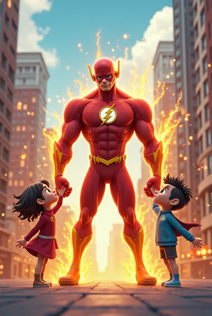  3d cartoon style, The Flash protecting his friends from danger, cute s