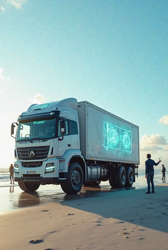 Truck with futuristic sign on the beach equipped with people 