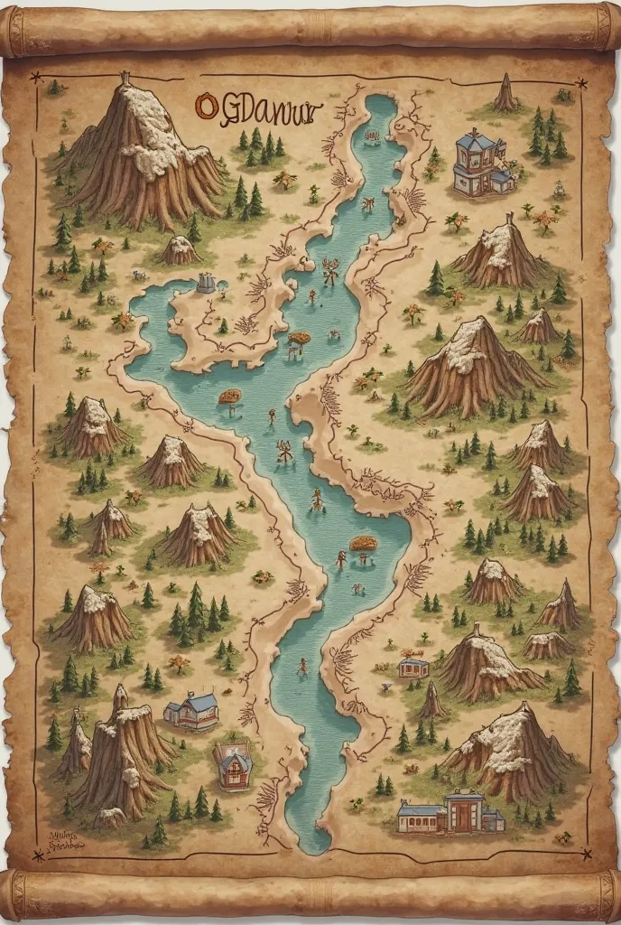 map written on a scroll. The map refers to a wooded area crossed by 4 rivers in 4 valleys divided by mountain ranges. In each valley there are four points of interest marked on the map by a "x". The name of the map is "Ogdomur".