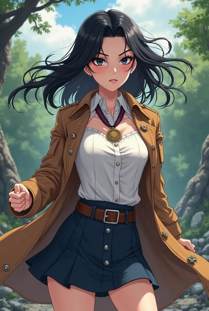 ((the best quality)), ((masterpiece)), (Thoroughly detailed), a 17-year-old anime girl with medium long wavy pointed black hair, And black eyes, (blush all over the face,  smile), Open your mouth, big tit, looking at the spectator, (leaning forward:1.3)、be...