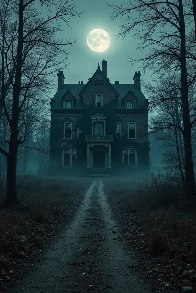 Image Prompt: A large, abandoned mansion standing alone in a dark forest. The building is old and crumbling, with broken windows and ivy-covered walls. The atmosphere is eerie, with a foggy night sky and a full moon casting an ominous glow. A narrow dirt p...