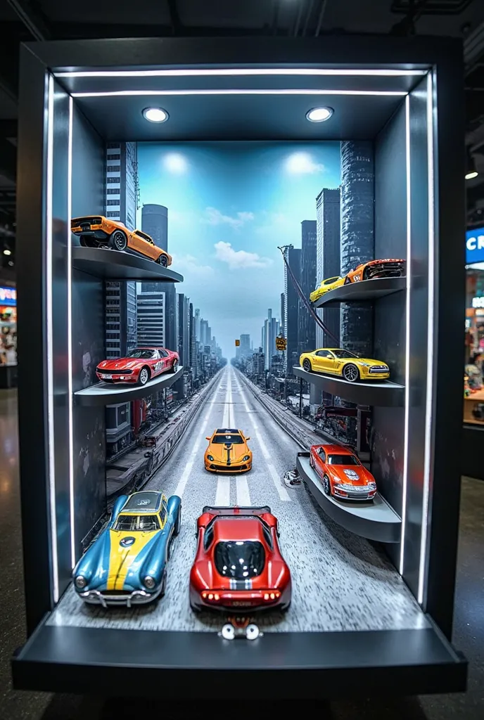 Design a 3D display with a cityscape backdrop, black frames, and white shelves, featuring Hot Wheels cars illuminated by white LED lights.