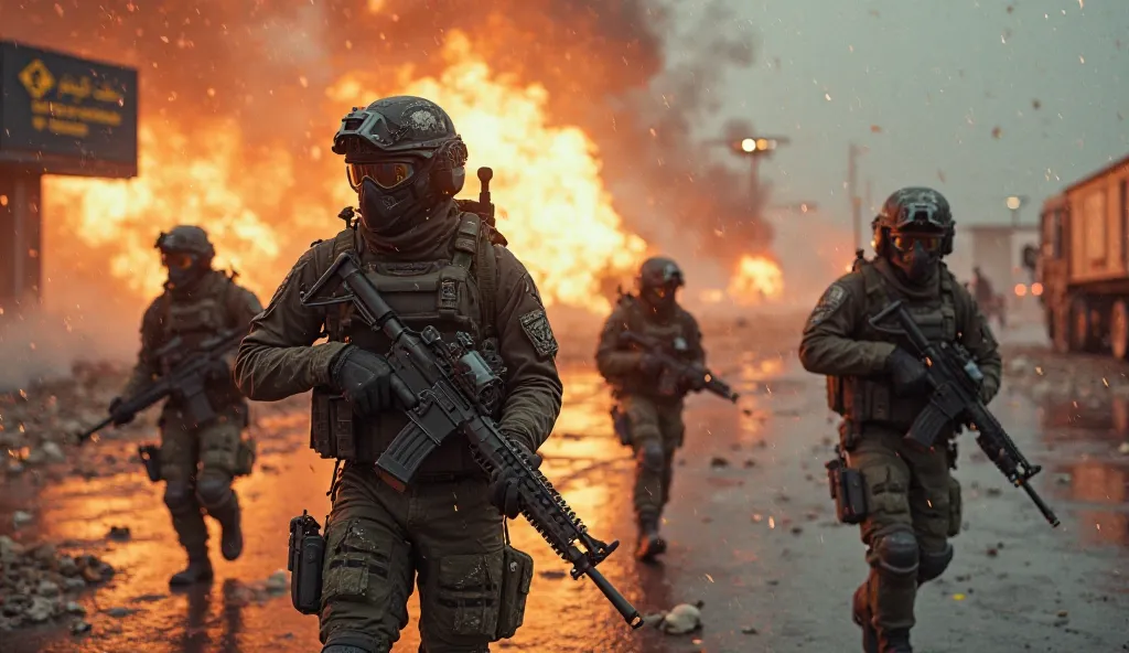 Create a hyper-realistic, cinematic scene inspired by *Call of Duty: Modern Warfare 2*, showcasing a **Ghost Army squad** storming a **war-torn international airport**. Four commandos, clad in **tactical gear** (matte-black helmets with skull motifs, night...