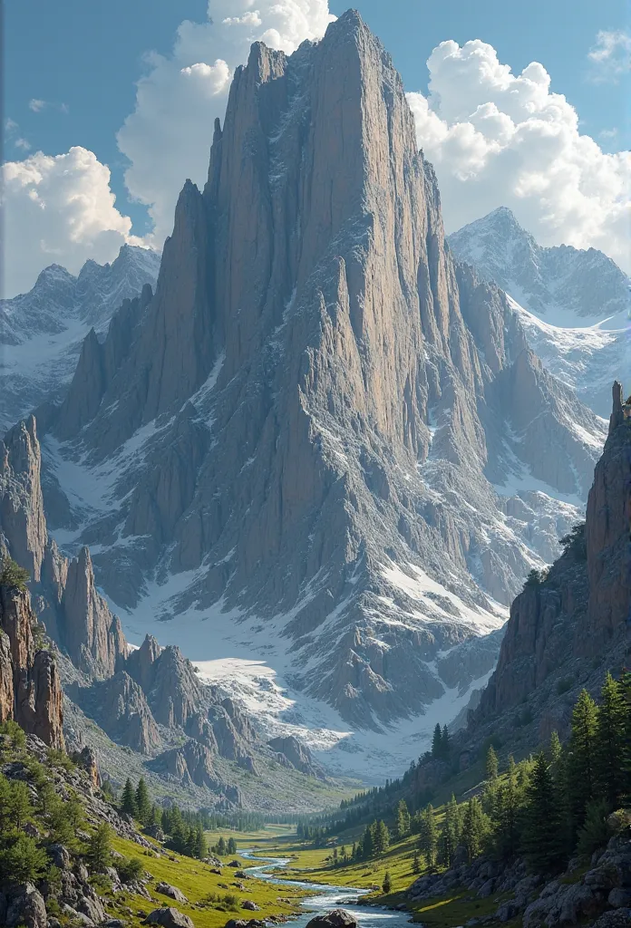  a tall and imposing mountain , with a huge cliff that extends to the horizon. The surrounding landscape is majestic and worthy of the gods, with rugged rock peaks and dramatic shapes that seem to defy the sky. The mountain rises with an immense presence, ...