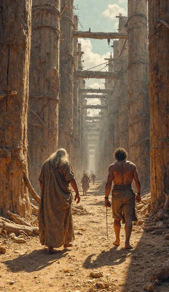 First-person view of Noah building the ark. The massive wooden structure is taking shape with pillars and planks assembled. The rough wood shows visible cut marks, with rustic nails protruding from some joints. In the distance, two of his sons, Shem and Ja...