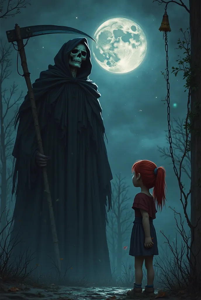 A cover for a song featuring a grim (representation of death ) with a age woman with red hair who looks bad next to this, and with a age boy with black hair who is also next door in 3D animation and who can see the moon and the grim reaper's face