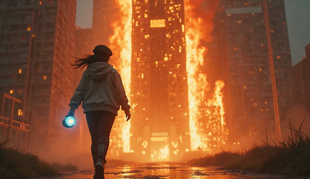 A 22-year-old Korean woman with sharp, delicate features, running towards the entrance of a dungeon beneath a burning skyscraper, cyberpunk anime style. She wears a simple yet futuristic outfit: a loose-fitting techwear-inspired hoodie (like a modern 맨투맨 티...