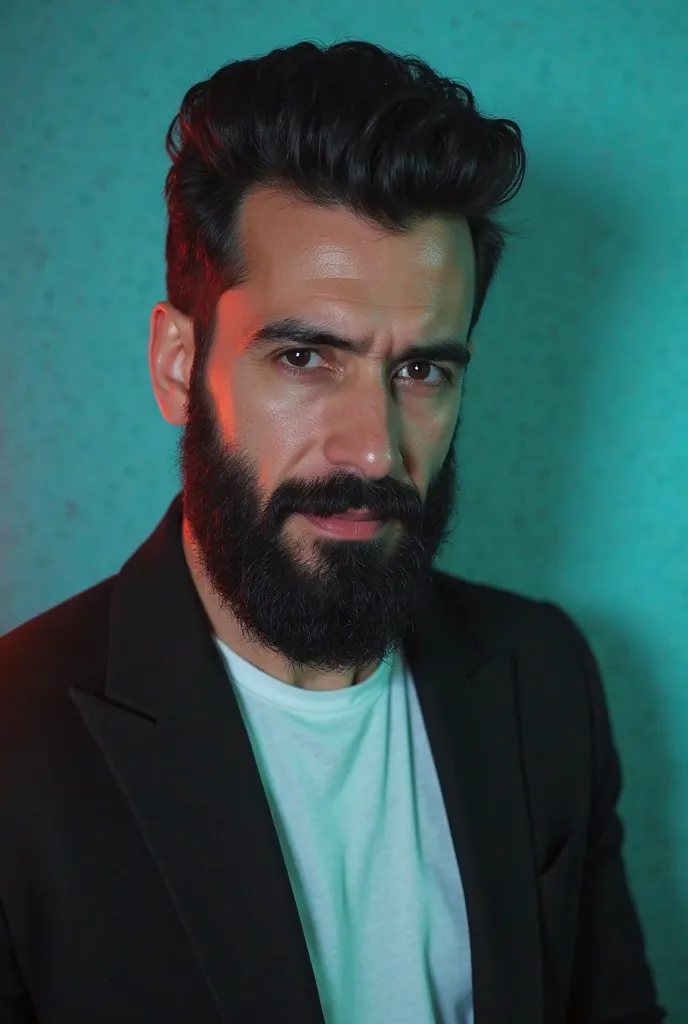 Medium thick,Black hair, Big beard on the face, and confident slim figure. He's wearing a black blazer over a white shirt. The man is against an aqua background, with a subtle red light shining on his left. And he's posing for a LinkedIn profile.