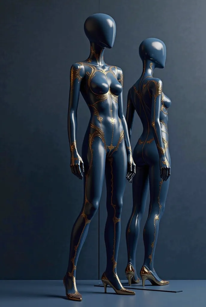 Generate the image of a mannequin painted dark blue with gold
And next to you there is a mirror 

