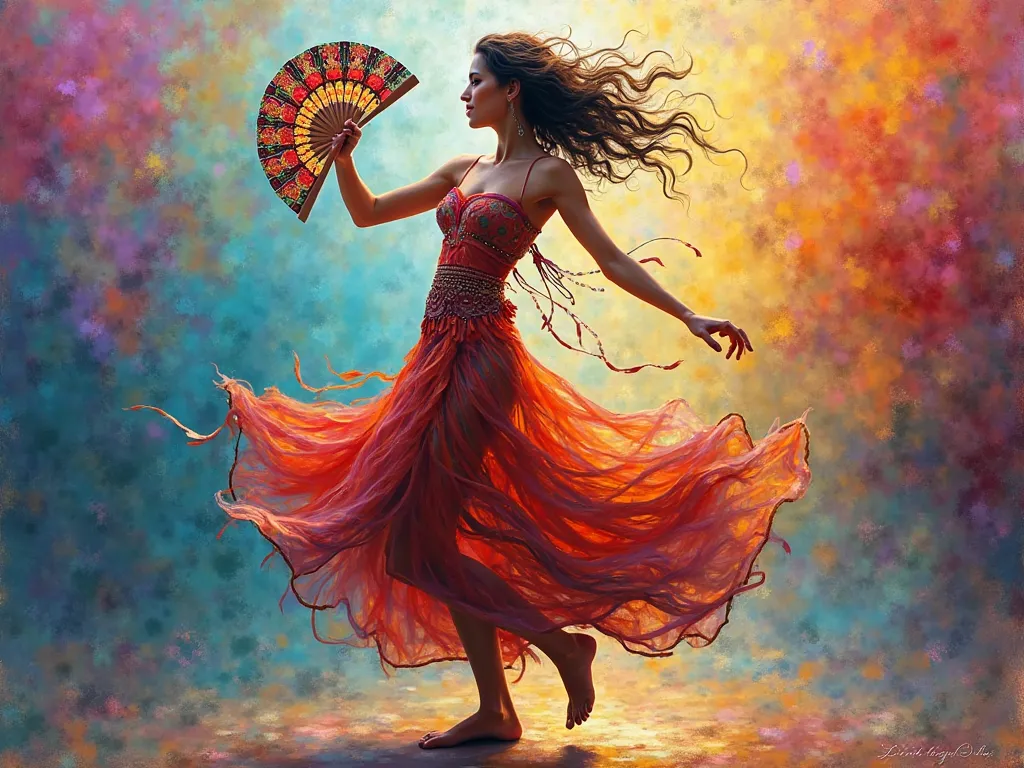 Create an impressionism-style painting of a dancing gypsy woman ,  barefoot ,with a hand fan  , with colored background 