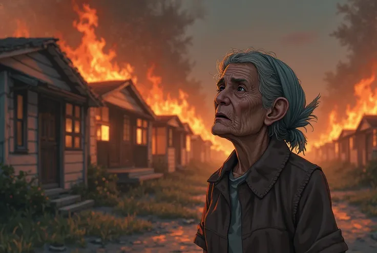 Animation. In the foreground, an old lady with a handkerchief on her head is crying, 8 houses are burning in the background