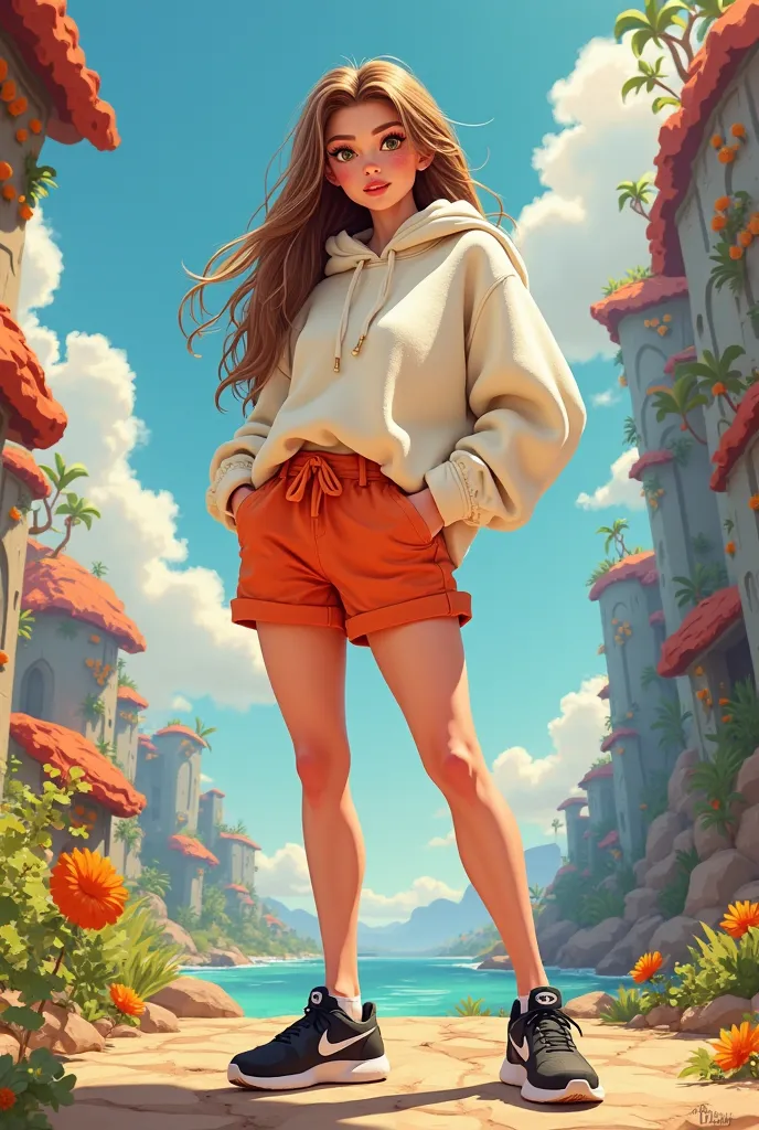 Pixar Disney poster of a sturdy big nose woman with long light brown hair ,white sweater and orange shorts ,with black Nike sneakers 