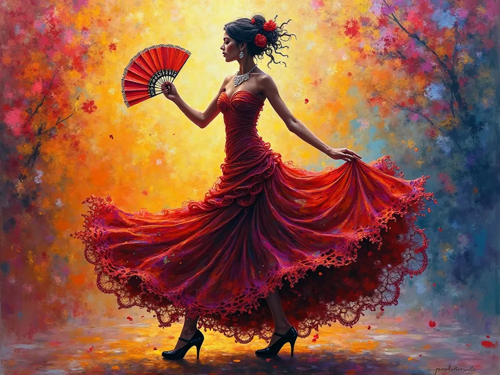 Create an impressionist-style painting of a dancing Spanish gypsy ,black shoes ,with a hand fan  , with colored background 