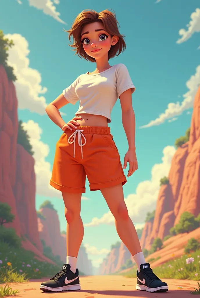 Pixar Disney poster for sturdy women's large flat nose with light brown hair l , white t-shirt and orange shorts ,with black Nike sneakers 