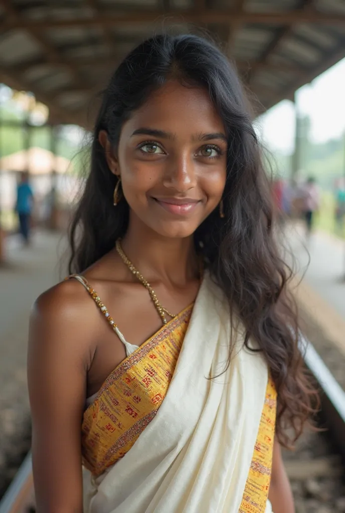 Malayali girl. in saree. skin is fair complex brownish. black hair, green color  eyes.  normal size. south indian skin colour, white kerala saree with golden edges. Background is a railway station in thrissur