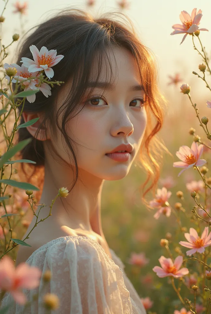 Beautiful Asian girl with yellow and slightly wavy hair. She has white skin and is in a field of flowers.