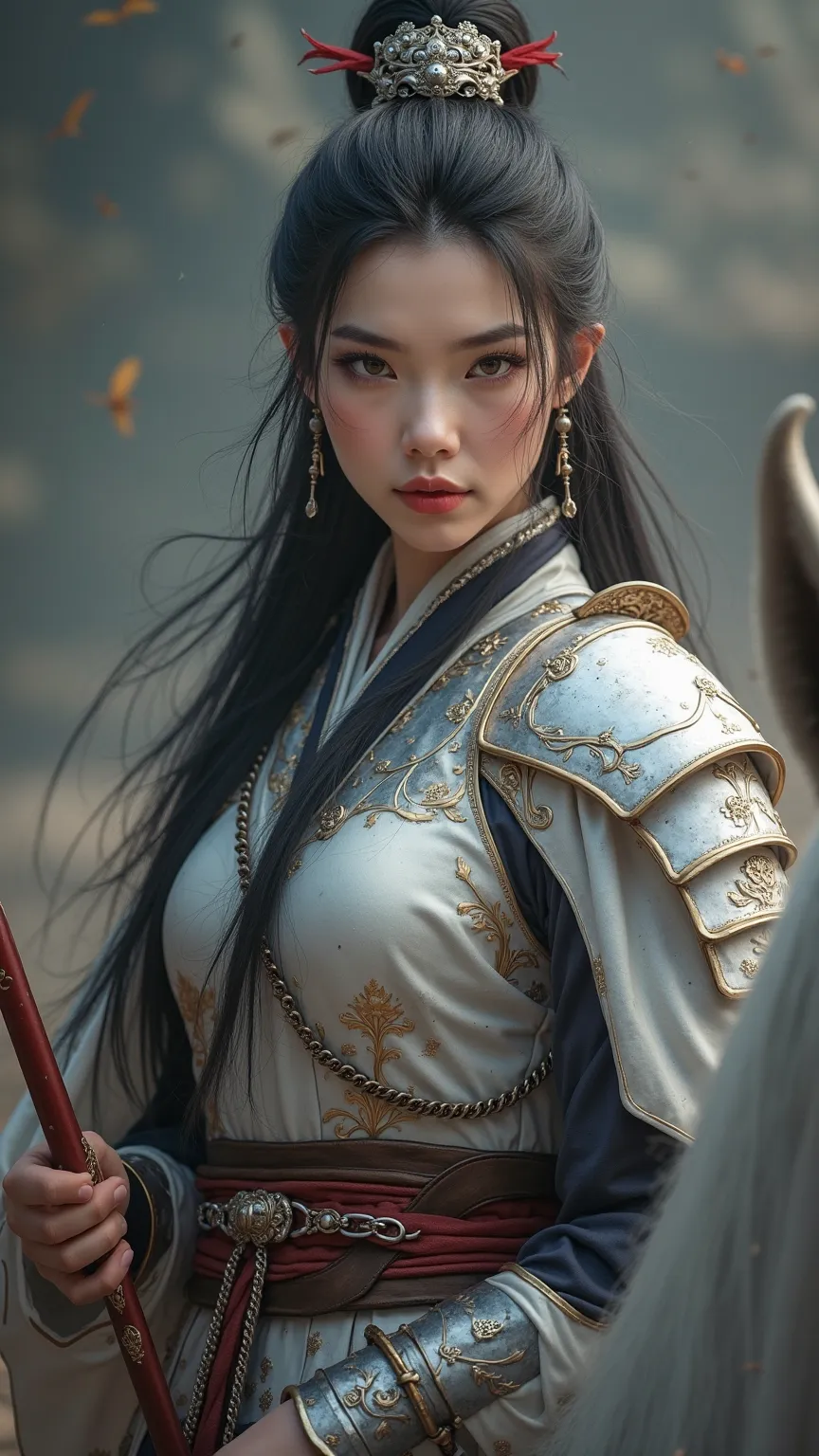 Ancient Chinese female warrior with a beautiful and realistic face，long black hair，Gorgeous silver-white armor， wearing a white cape ，A war horse riding a white horse，with a silver war spear in one hand，charges on the battlefield

Just a picture of the cha...