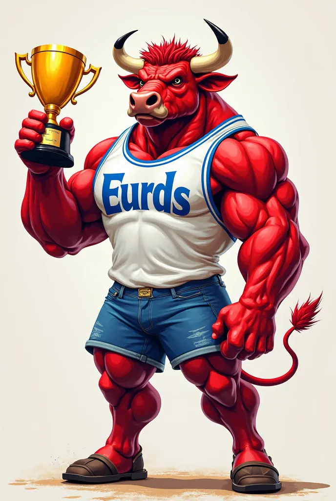 A muscular red bull holding a trophy in his hand wearing a white shirt that says L in letters.A Firpo with blue letters 