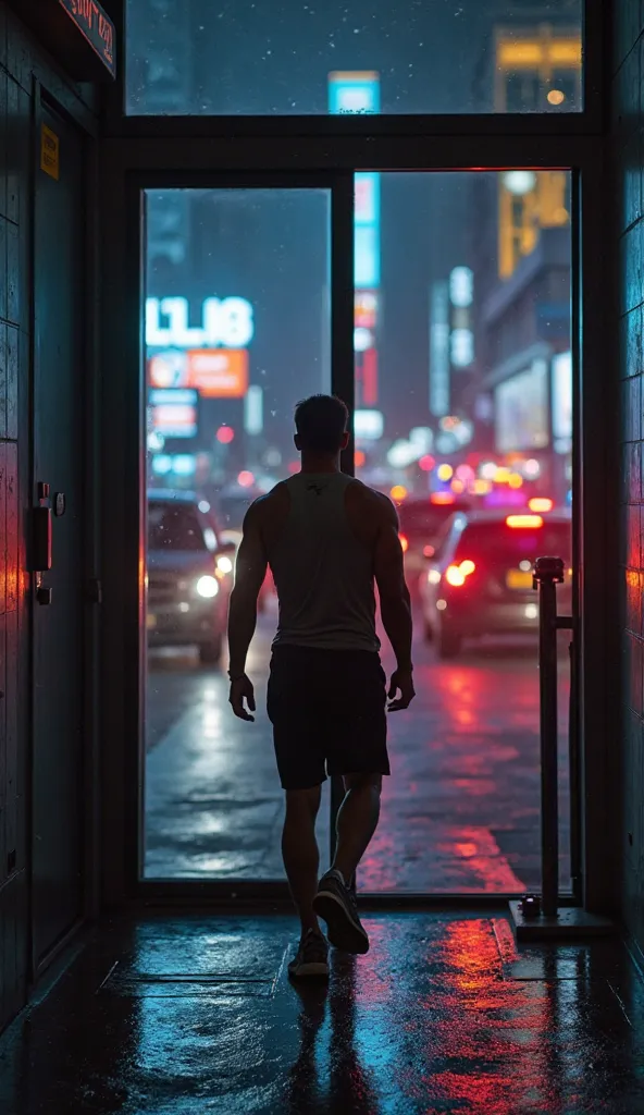 Create an ultra-realistic first-person scene, describing the moment when the protagonist finishes his workout at the gym and heads out onto the street. The narrative must focus on sensory details: the feeling of the hand when pushing the heavy glass door, ...