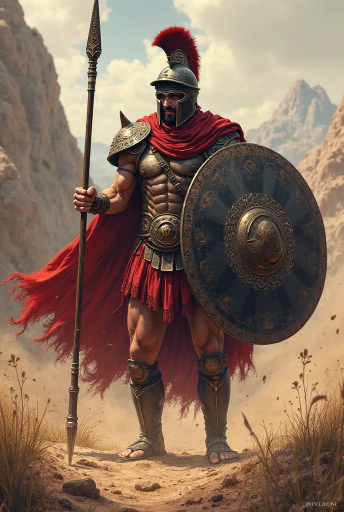 Red black sparta get the color on the battlefield get the shield on the top and the spear