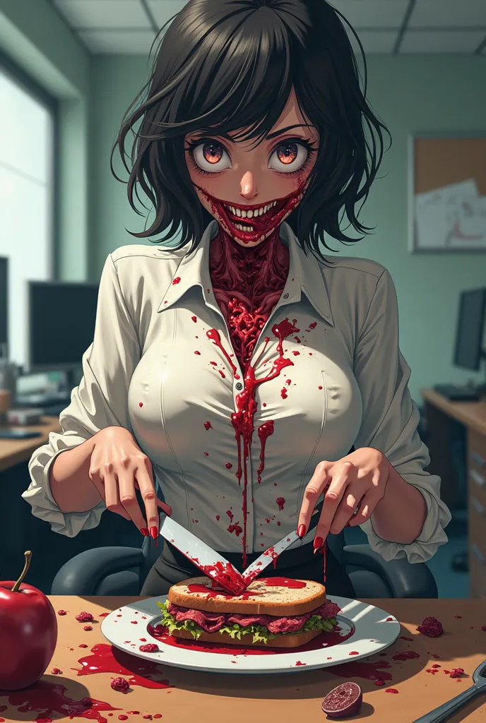 anime sweater office lady huge cleavage making sandwich from human meat gore