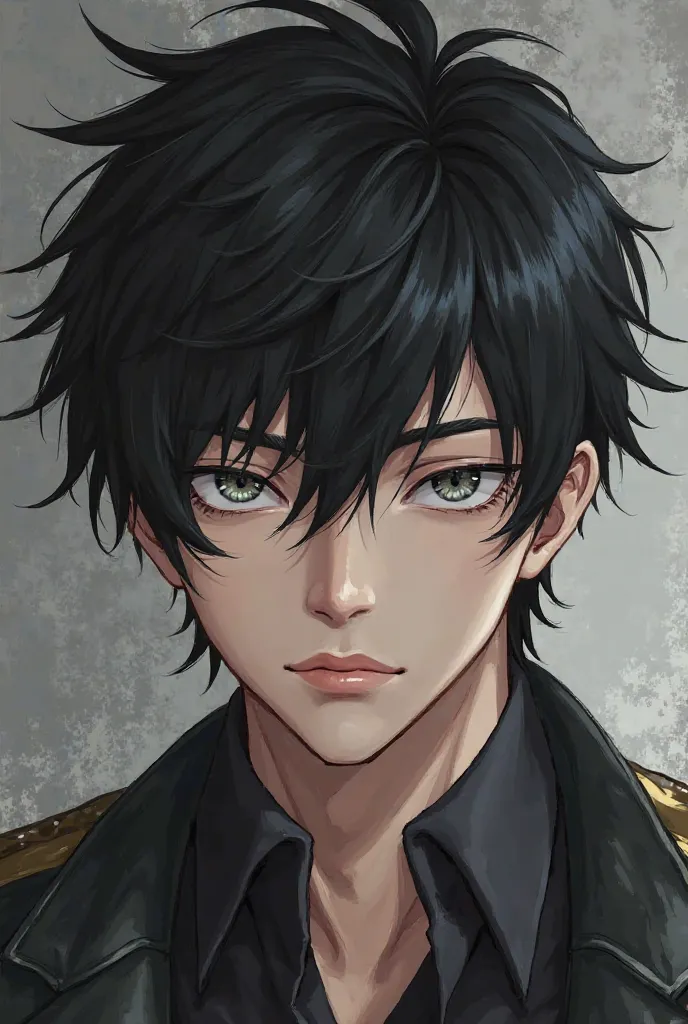 Manhwa style. A striking male with wolfcut hair, his face framed by stark black hair and accented by high cheekbones. Intense gray eyes gaze out from beneath his brow, and thin lips form delicate a serious expression