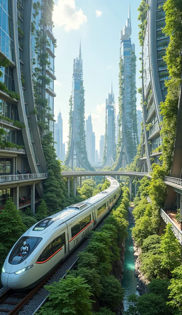 . The picture shows a highly developed future city where innovative urban design merges with green spaces in an amazing way. . High skyscrapers fill the scene, with modern glass designs covered with plants, reflecting the concept of sustainability and smar...