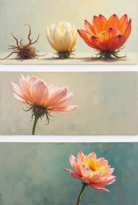 Generate three paintings of flowers: one wilted, one in better condition and a beautiful metaphor.