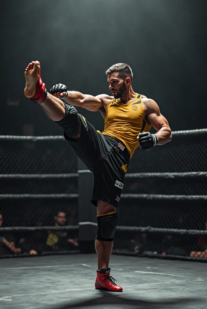 Design of sport Rashguard for fighters MMA , motor style , full body shoot, presented front to camera,jumps and strikes a blow in the air with his leg , gold and black amd white,  colors, black boxing ring in the background