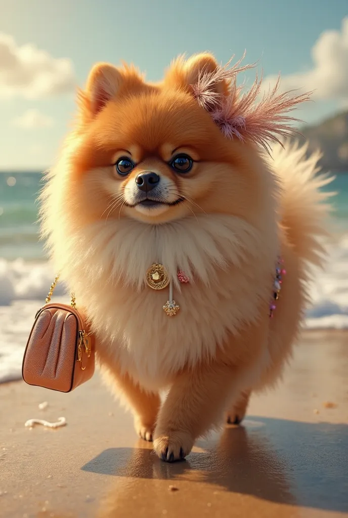 FAT AND GLAMOROUS POMERANIAN, WITH A HAT WALKING ON THE BEACH WITH PAINTED NAILS AND FALSE EYELASHES, WALK IN AN ELEGANT BAG AND FEATHERED HAT