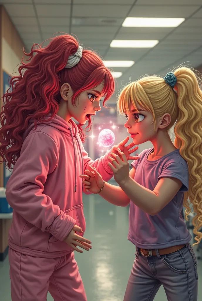 A  human 17 girl with a pink sweat suit with a scratch on her face with red and white long   curly hair throwing a red and white power orb at a girl with  blonde hair with claws and golden eyes in lunchroom fighting each other  