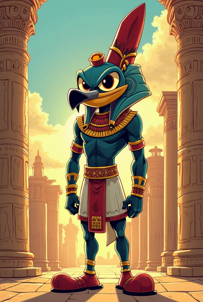 Give me a drawing of the old Egyptian god Horus in cuphead style