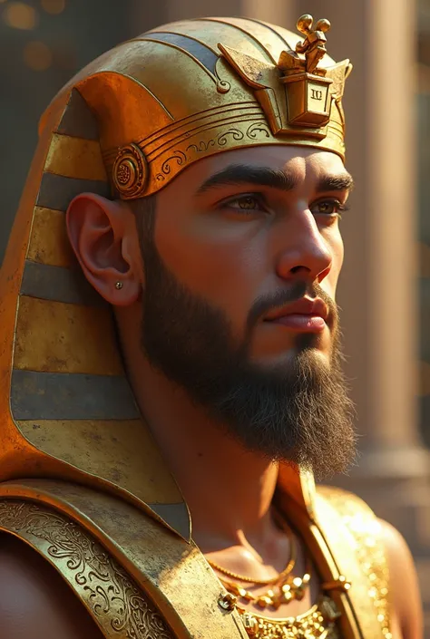 Pharaoh man with a handsome and young face is 3/4 and look to the left with a gold headpiece and a gold beard hairpiece