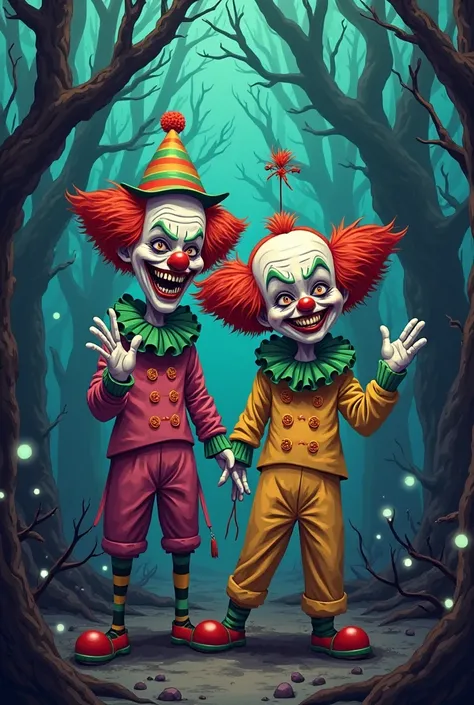 An image of the character Patati Patatá, Brazilian clowns, mixed with Supernatural horror, Funny but mean clowns. cartoon image , with haunted forest background, Focus of the image on the characters.