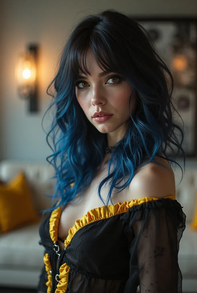 a vampire woman, light brown eyes, With an eyeliner makeup,  black hair with blue tips, she wears a modern dress with 21st century yellow details elegant at night in a modern American living room
