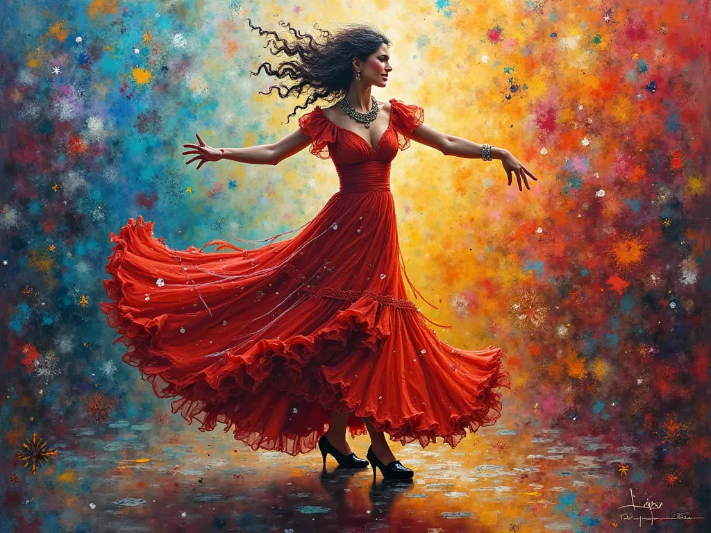 Create a surrealist impressionist-style painting of a beautiful Spanish gypsy , dancing .with black shoes, And the colorful background, without people 